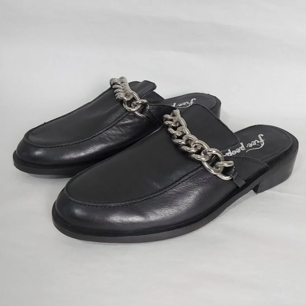 Free People Preppy Silver Link Chain Vida Mules Size 38 EU Black Leather Slip-On